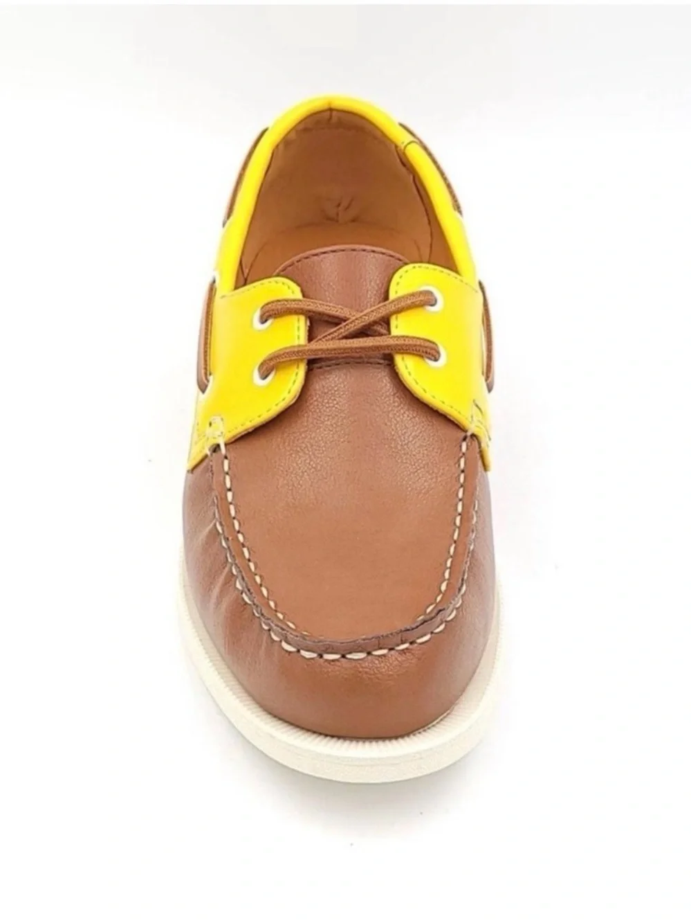 Club Room Elliot Brown Leather Boat Shoe with Yellow Trim